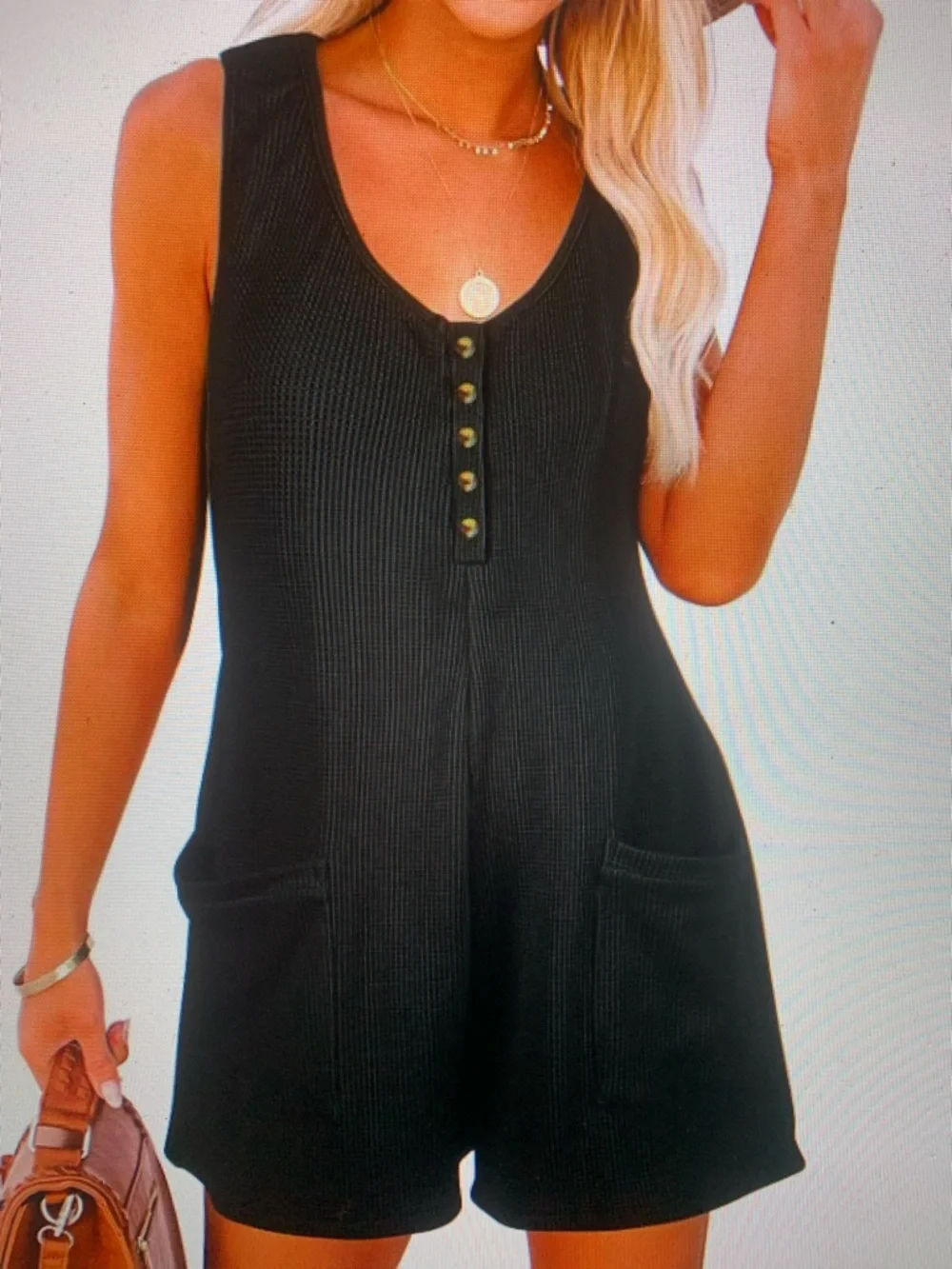 Black Sleeveless Romper Dress with Button Front - Picture 1 of 3